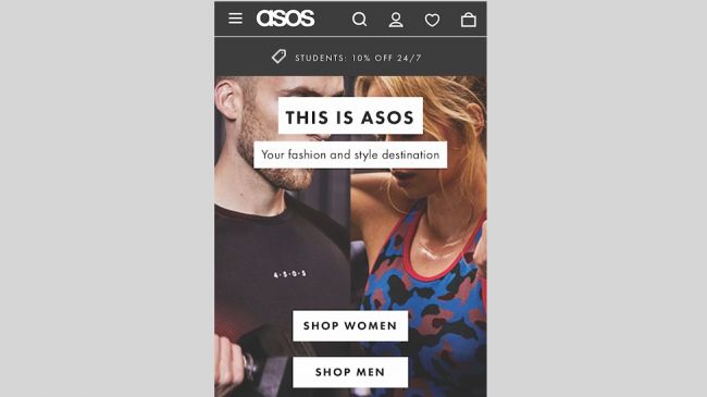 ASOS đặt nút tìm kiếm ở trên đầu của màn hình đối với website di động của hãng